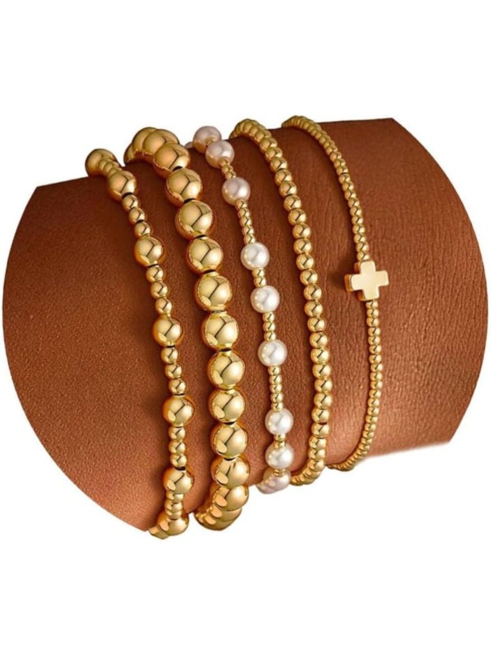 Gold Beaded Bracelet Set for Women | Pearl Cross Stackable Jewelry, 14K Gold